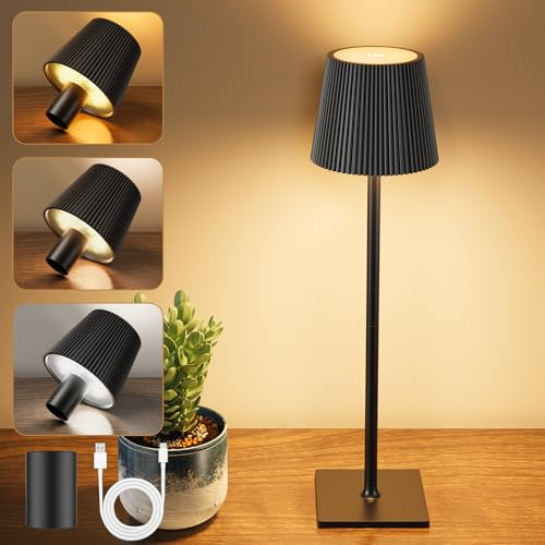 YICAIZI Lampe de Table Sans Fil, Lampes de Table LED Tactile avec USB-C et Bouchon de Bouteille, Lampe de Table Batterie Rechargeable pour Restaurant, Chambre, Camping, L'extérieur, Noir