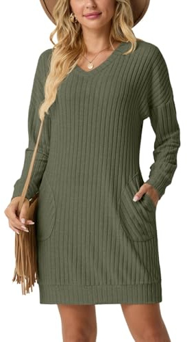 PrinStory Knitted Dresses for Women UK Long Sleeve V Neck Sweater Dress with Pocket Loose (Army Green, L)