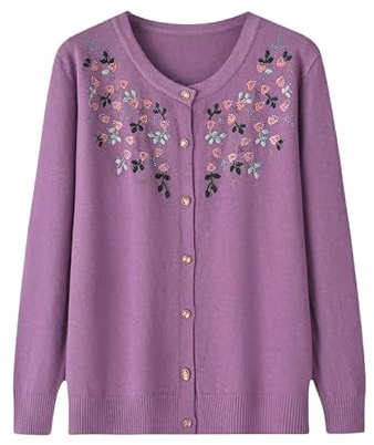Suéteres Tipo Cárdigan De Punto para Mujeres De Mediana Edad Y Mayores Suéteres con Botones Bordados para Señoras Mayores Blusas Ligeras para Madres Chaqueta De Manga Larga con Estampado Floral