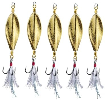 Confezione da 5 cucchiaini da pesca, esche spinnerbait in linea con azione di rotazione a elica, esche ad alta vibrazione per pesca alla spigola, trota, luccio (oro, 5 pezzi, 0,9 g)