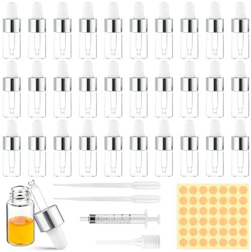 Amentalove 30 Stück Mini Pipettenflasche 3ml, Klein Flasche mit Pipette | Transparente Glasflasche Tropfpipetten mit Pipette, Nachfüllbar Probeflaschen mit Aufkleber für Ätherisches Öl, Massage