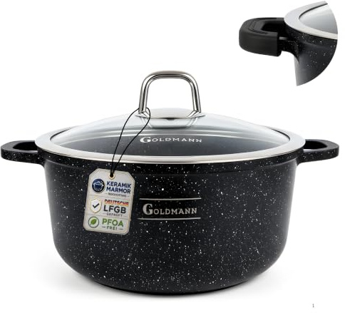 GOLDMANN Premium Gussaluminium Kochtopf 22 CM – 3L – Keramik-Marmor Antihaft-Kasserolle mit Glasdeckel, geeignet für alle Herdarten inklusive Induktion, PFOA-frei & spülmaschinengeeignet