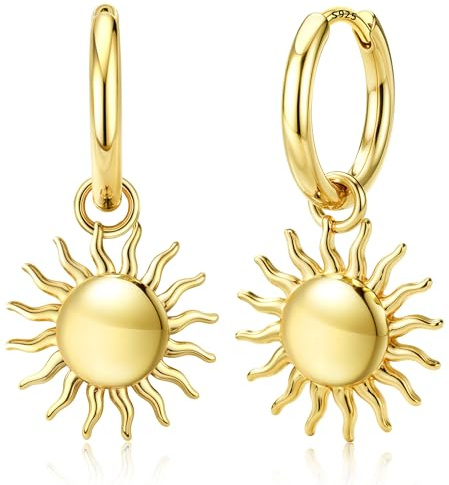 FIOROYAL örhängen silver 925 hängande sol för kvinnor allergivänliga örhängen guld hängande huggie kreoler med hänge sol förgylld 14K kreolsk guld liten lätt vattentät smycken för kvinnor, Silver