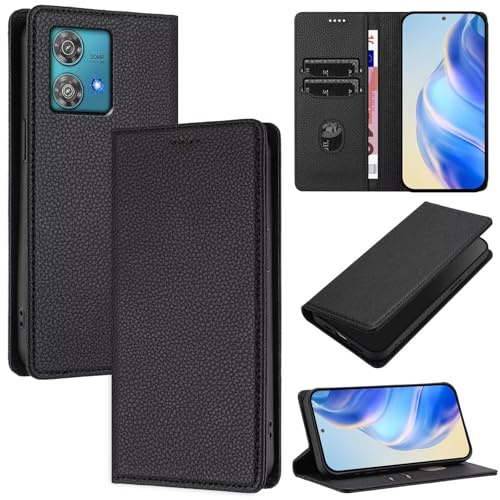 xinyunew Funda para Motorola Moto Edge 40 Neo 5G PU Cuero Premium - [RFID Bloqueador] Carcasa de Cuero PU, Magnético Libro Tipo Flip Capa,Soporte Plegable con Tarjetero,Negro