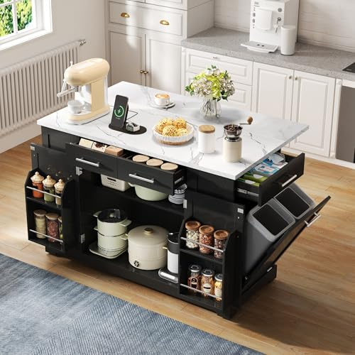 Yihomfy Desserte îlot de Cuisine sur roulettes,Meuble de Cuisine avec Plans de Travail Rabattable et Compartiment Poubelle,3 Tiroirs,2 Portes avec Rangement,Organiseur à 3 Niveau (Noir-31S)