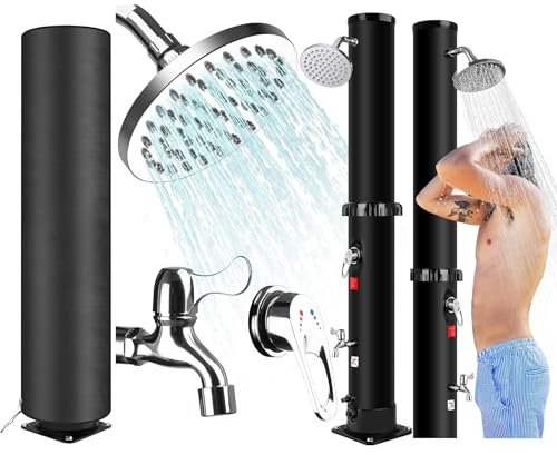 Doccia Solare da Esterno 40L con Telo Protettivo, Colonna Doccia Solare per Piscina e Giardino, Miscelatore Caldo Freddo, Soffione Orientabile 360°, Rubinetto Lavapiedi Nero