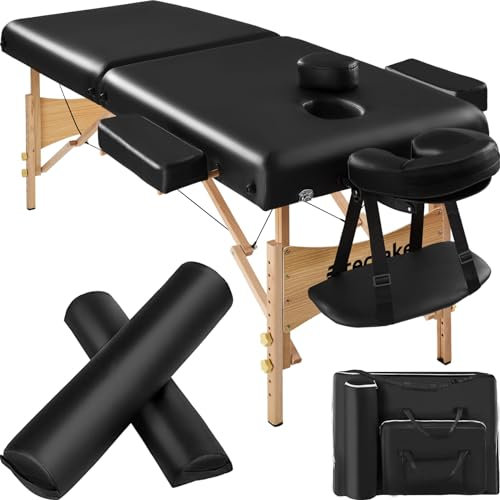 tectake Massageliege 2 Zonen, Massageliege klappbar, Massagetisch mit 7,5cm Polsterung, Mobile Massageliege, Kopf- und Armstütze, Massagebank mit Holzfüßen, 2 Lagerrungsrollen, Tragetasche - schwarz