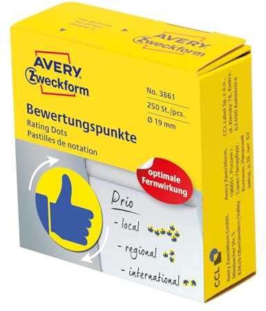 AVERY Zweckform selbstklebende Klebepunkte 250 Stück (flexible Bewertungspunkte auf Rolle im Spender, Ø 19mm, Aufkleber Daumen in Blau/Gelb, zum Abstimmen, Bewerten und Kennzeichnen) Art. 3861