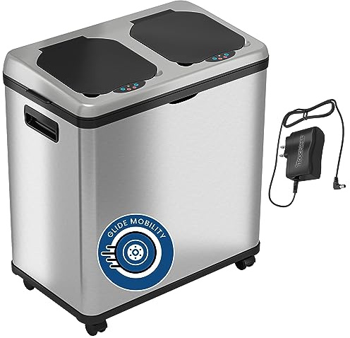 iTouchless 16 Gallon Touchless Trash Can and Recycle Bin Combo Unit with AC Adapter and Decals, Stainless Steel, 2 X 8 Gallon Removable Buckets with Handles, 61 Liters