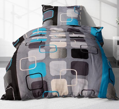 Heubergshop 2-teilige Seersucker Bettwäsche 135x200cm und 80x80cm - Türkis Grau Schwarz Design Kariert - Bettgarnitur aus 100% Baumwolle, bügelfrei (396-3-D)