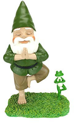 GlitZGlam Nain Zen et Nain Grenouille - Pose de l'arbre– la tranquillité et la sérénité pour Votre Jardin de fées et Vos Nains de Jardin Un Nain de Jardin Miniature Grand Format de 28 cm de Haut