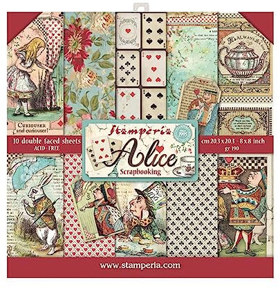 STAMPERIA SBBS01 Papierblock 10 Blätter 20.3 x 20.3 (8 x 8) doppelseitig Alice, Mehrfarbig