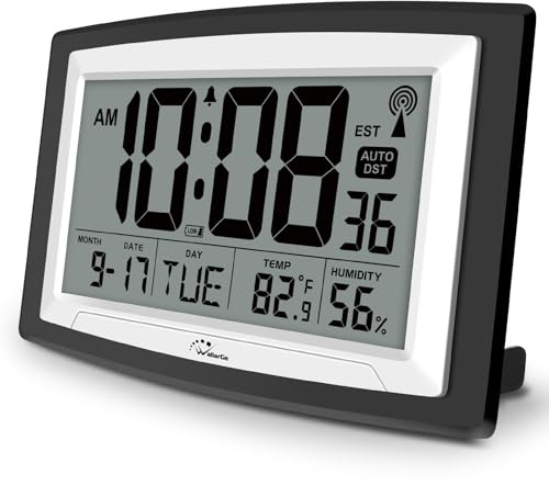 WallarGe Atomic Clock with Indoor Temperature and Humidity, 12.5 Inch Self-Setting Digital Wall Clock or Desk Clock, Battery Operated Digital Clock Large Display for Seniors, Auto DST