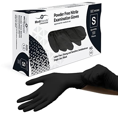 Farla Medical MediHands Disposable Small Nitrile Gloves - Powder Free and Latex Free Surgical Gloves - Multi-Purpose, Single Use Medical Gloves - Box of 100, Black