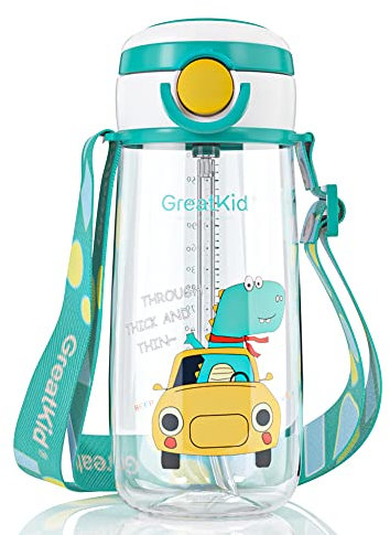 Trinkflasche Kinder Auslaufsicher (500ml),Trinkflasche mit Strohhalm,BPA-frei,automatischer Druckknopf,Trageschlaufe,leicht, auslaufsicher,Kinder Flasche,Kid School Mädchen Jungen Sportflaschen-Grün
