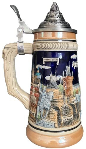 Oneastern German Beer Stein Mug Prague Castle Emblem Oktoberfest Steins With Lid Easter Gifts For Men, Dad, Best Friend, Beer Enthusiast, Authentic Hand Engraved Collectible Souvenirs 0.5 Liter(DH)
