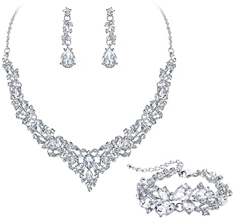 EVER FAITH Juegos de Joyas Mujer Cristal Austriaco de la Lágrima Cluster Declaración Collar Pendientes Enlace Pulsera Conjunto Boda Joyería de Novia Claro Tono Plata Auténtica