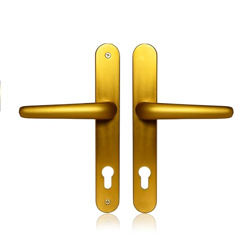 XFORT Uros UPVC-Türgriff aus satiniertes Messing (PZ 92 mm, 211 mm Schraubenlochabstand, 243 mm insgesamt), lange Aluminium-Rückplatte, UPVC-Vordertürgriff