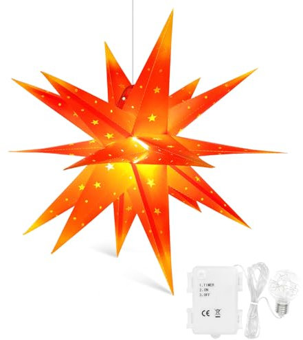 Qijieda 3D Weihnachtsstern Beleuchtet Außen Batterie mit Timer 58cm led Weihnachtsstern für Fenster, Adventsstern Stern Zum Dekorieren von Innenhof, Balkon Und Garten