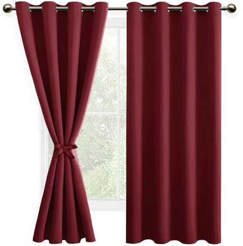 DWCN Blackout Curtains with Tiebacks for Bedroom Thermal Insulated Solid Eyelet Curtains for Living Room,2 Panels,52 Wide x 63 Drop Burgundy