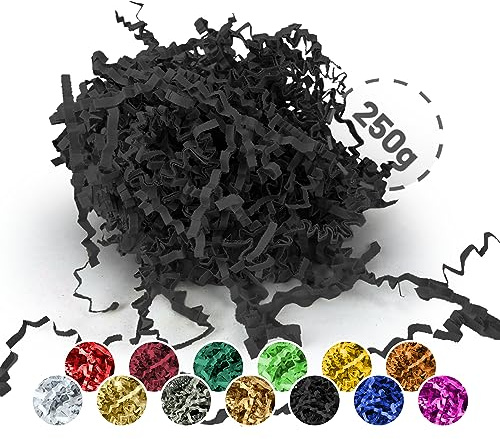 Förpackningwelt Fyllningsmaterial 100 g | Strimlat papper för presentlådor och paket | Tillverkad i Tyskland | dekoration och skydd | Packa in förpackningsmaterial och tillbehör för presenter | svart