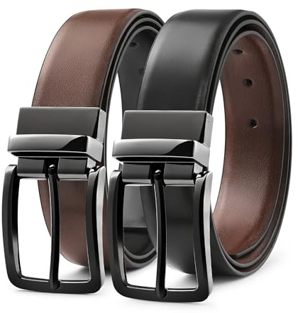 MILORDE Men’s Reversible Leather Belt for Casual Golf Dress Pants Shirts, Double Style - 2 Sides (Black/Brown - M901-32)