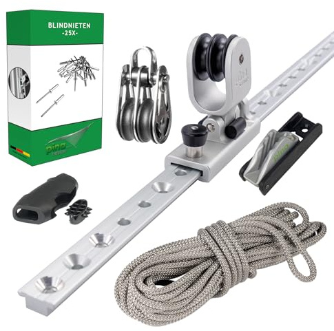Sonnensegel Höhenverstellung: 4-Fach-Flaschenzug, 25 V2A-Blindnieten | Mastbefestigung -Set: 150cm Gleitschiene+25 VGA, Doppelrollen-Gleitschlitten, Doppel-Umlenkrolle, 8m Tauwerk, Seilklemme