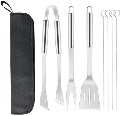 Set di attrezzi per barbecue, 7 pezzi, accessori per barbecue, forchette da barbecue, pinze per barbecue, spatola, bastoncini per barbecue, in acciaio inox, utensili da cucina con borsa per il