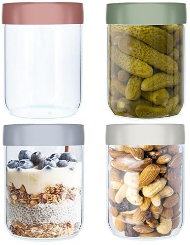 SunyamGo Lot de 4 bocaux en verre de 473,6 g avec couvercles, récipients hermétiques à large ouverture pour collations, salade, fruits, yaourt, céréales, préparation des repas