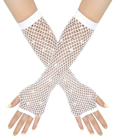 Damen Netzhandschuhe Glänzende Fingerlose Handschuhe Lange Fischnetz Armstulpen Mesh Handschuhe Karneval Party Kostümzubehör Opernhandschuhe Abendhandschuhe Glitzer Handschuhe (White, One Size)