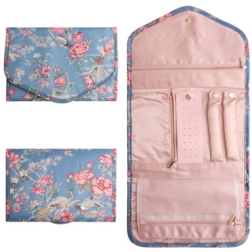 Jewellery Roll for Travelling, Foldable Travel Organiser Travel Jewellery Pouch Retro Jewellery Case Large Capacity Travel Jewellery Bag Travel Gifts for Women Girls Rings Necklaces Bracelets Earrings