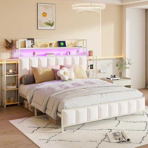 Dolamaní Doppelbett Polsterbett 160x200 cm, Kopfteil Mit Regal und Partitionsdesign Seiten, Bettgestell aus Massivem Eisen, Kunstlederbezug, Stauraumbett, Weiß
