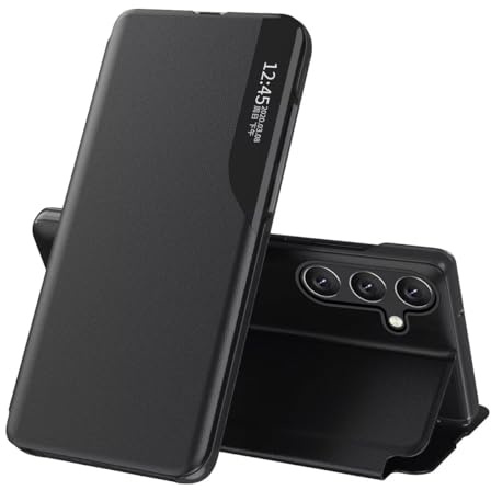 EASSGU läderfodral för Samsung Galaxy S25 (6,2 tum) sidofönster fliphållare PU-läder mobilskal, reptåligt, stötsäkert skyddande fodral – svart