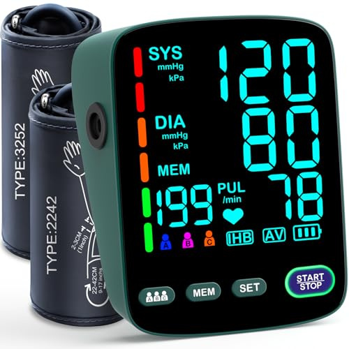 Monitor de presión arterial, 2 tamaños de mangos, máquina automática de presión arterial del brazo superior, 9-17 pulgadas y 13-21 pulgadas, brazalete de presión arterial extra grande, pantalla