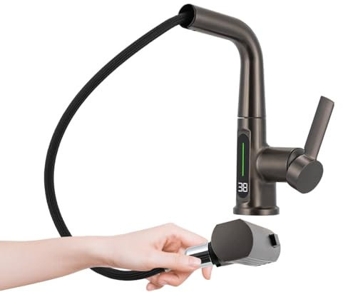 WOQLIBE Wasserhahn mit LED Temperaturanzeige, Ausziehbarer Wasserhahn mit Brause und Schwerkraft-Kugel, Digitale Anzeige Armatur für Küche, Bad oder Waschraum (Grau)