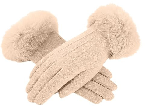 1 Pair Winter Warm Screen Gloves for Women Fleece Lined Gloves Furry Cuffs Soft Thermal Winter Ski Gloves Women's Outfit Set Festive (Beige, One Size)