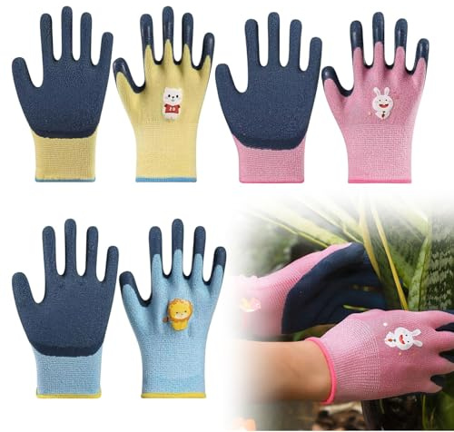 LEKEFETO 6 paia di guanti da lavoro per bambini, 3-5 anni, guanti da giardinaggio per bambini, guanti protettivi per ragazze e ragazzi per lavori di giardinaggio fai da te (rosa+blu+giallo)