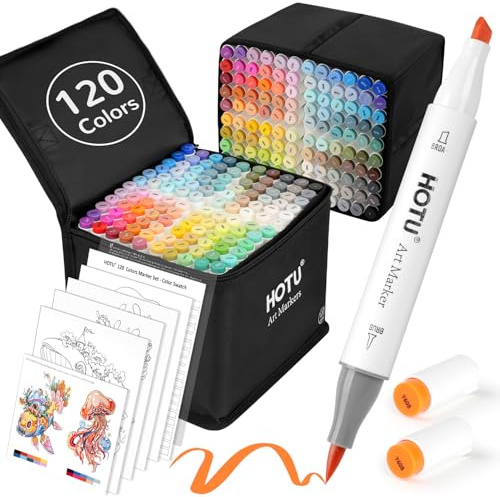 HOTU Pennarelli ad Alcool 120 Colori Premium, Marker Doppia Punta Professionale con Punta Pennello/Chisel e Asciugatura Rapida per Disegno, Illustrazione, Manga - Ideale per Artisti e Adulti