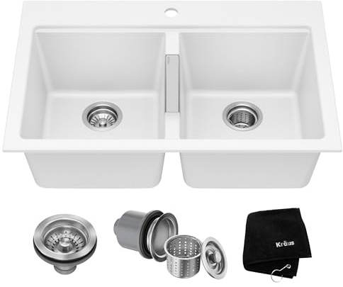 KRAUS Quarza 33-inch Granite Drop-In/Undermount 50/50 Double Bowl White Kitchen Sink, KGD-433BWHITE