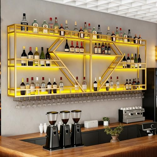 RAJYQODIS Weinregal Wand Metall (Gold, 3 Ebenen-200cm) | Bar Regal mit Weingläserhalter - Modernes Weinflaschenregal für Küche, Esszimmer, Home Bar und Restaurant, Wandmontage