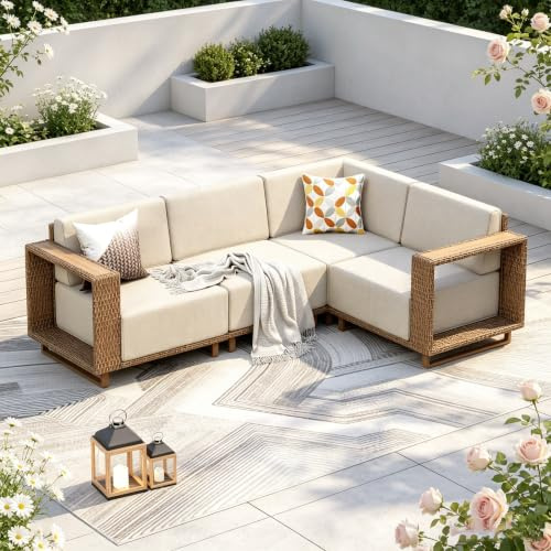 PHI VILLA Rattan Gartenmöbel Set mit 25 cm Kissen, 4 Personen Outdoor Lounge Möbel Ecksofa, L-Form Gartenlounge Gartensofa Terassenmöbel für Außen, Beige
