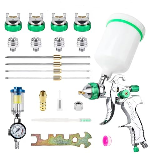 NEWFUN Pistola de Pintura, Juego de Pistolas Pulverizadoras con 4 Boquillas de 1,4/1,7/2,0/2,5 mm, Aptas para Automóviles, Proyectos de Bricolaje, etc. (Color Verde)