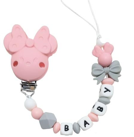 Maus Silikon Schnullerkette mit Wunschname – Maus Motiv mit Schleife– Personalisierter Schnullerhalter – BPA-frei & Handgemacht – Perfektes Babygeschenk zur Geburt oder Babyshower (Rosa) (Rosa)