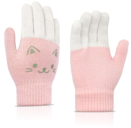 LJCZKA Söta vinterhandskar för barn, stickade barnhandskar, liten termisk varm handske för flickor pojkar, rosa vit, en storlek