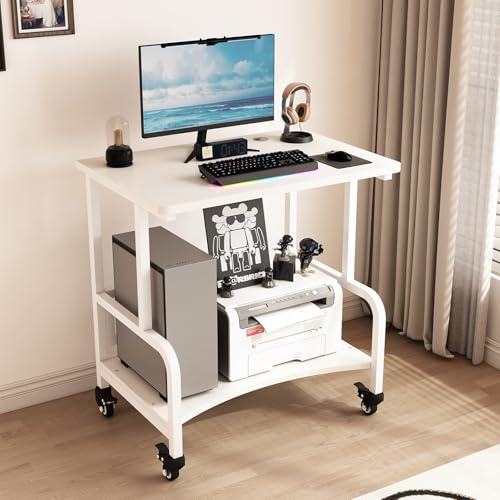 Mobiler Druckerständer 2 Ebenen,hoher Druckertisch mit Rollen,Platzsparender Druckerhalter,Druckerwagen für Büro und Zuhause(White,23.6in/60cm)