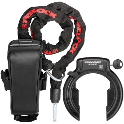 TRELOCK Rahmenschloss RS 480 Naz + Einsteckkette ZR 355 100/6 mit Satteltasche – 70,7 mm breite Öffnung