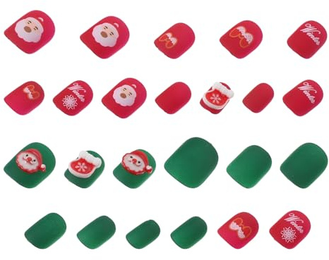 Veemoon Ongles Pressés de Noël Forme Amande Faux Ongles Courts Français Amovibles pour Fêtes Accessoires Nail Art Faciles à Poser et Retirer