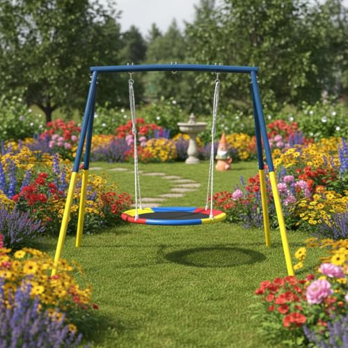 Flying Saucer Swing Set with Heavy Duty Metal A-Frame Stand, Blue and Yellow Steel Construction, 78x56.7x72.6 Inches, 440 lbs Capacity, Outdoor Playground Equipment for Kids