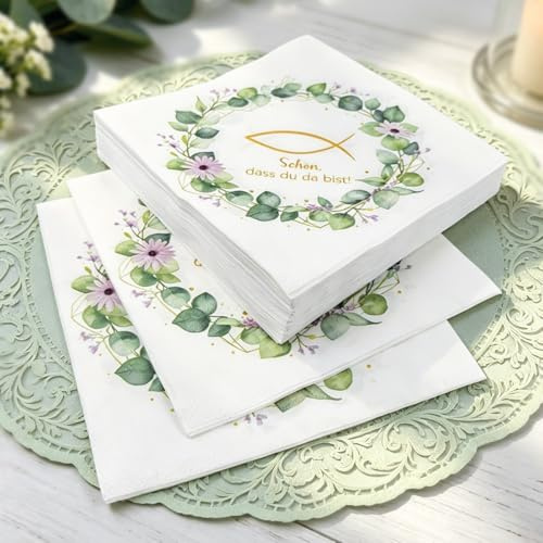 40 Stück Servietten Kommunion 33x33 cm, Tischdeko Erstkommunion Konfirmation Firmung, Schön, dass du da bist Servietten Eukalyptus Deko, Taufdeko Mädchen Junge, Kommunion Geschenke Gastgeschenk