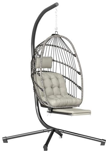 Outsunny Fauteuil Suspendu avec Support Pliant Appuie-Tête Gris Clair | Repose-Pieds Rétractable, Coussin Doux, Intérieur Extérieur, Terrasse Jardin
